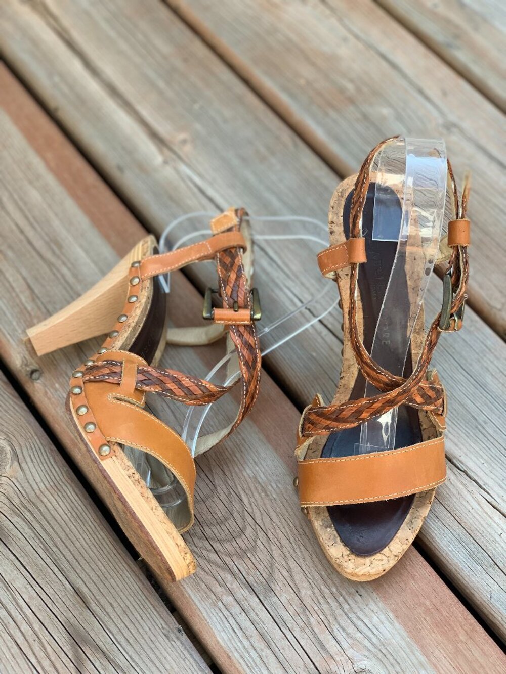 Isabella Fiore Platform Cork Sandal 6.5 Brown Braided Leather Studded Boho Heels
